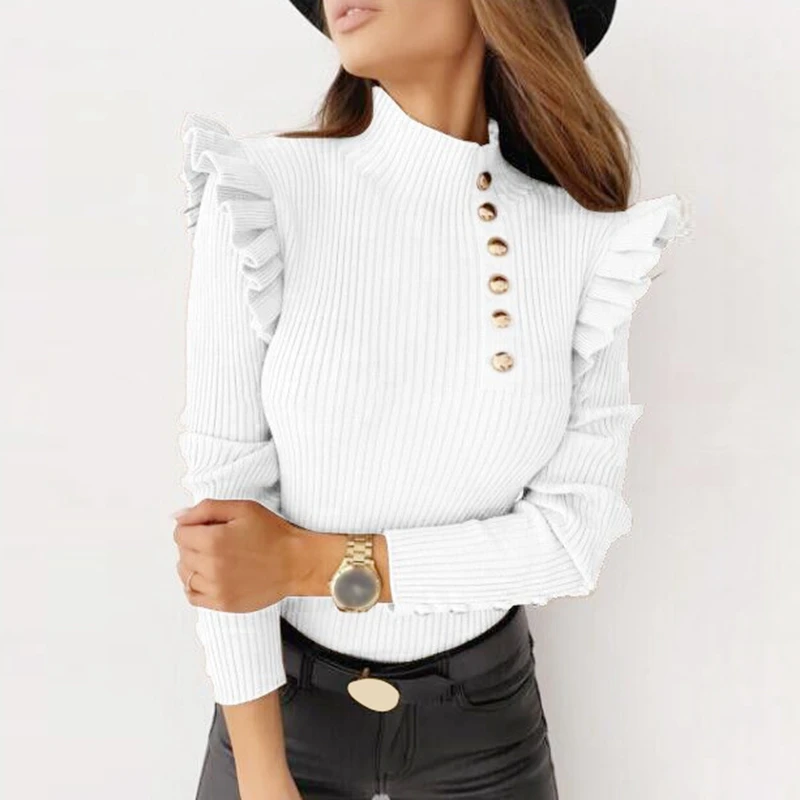 

Autumn Winter Long Sleeve Ribbed Tops Women Casual Ruffles Buttons Turtleneck Slim Knitted T Shirt