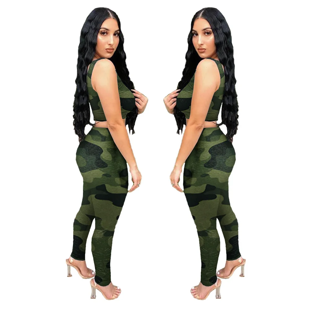 

2021 Summer New Sexy Women's Nightclub Party Fashion Sexy Cosplay Camouflage Agent Pattern Fold Two-Piece Set