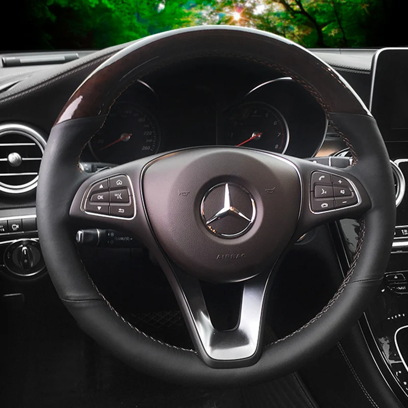 

Для Mercedes-Benz E300L C200L C260L GLE320 GLE400, сделай сам, сшитая вручную кожа, углеродное волокно, красное дерево чехол рулевого колеса автомобиля