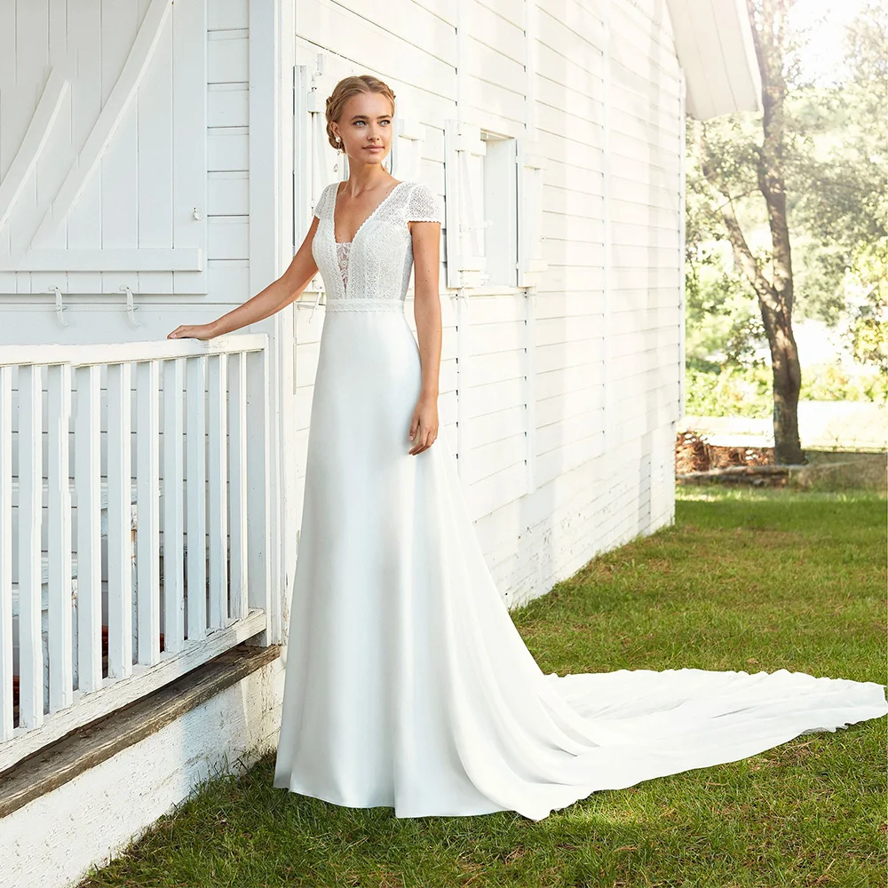 

Sexy V Neck Short Sleeve Wedding Dress A Line Simple Sweep Train Open Back Chiffon Plus Size Custom Made Vestido De Novia