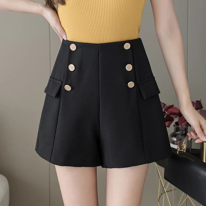 

Женские шорты с высокой талией, Летние Элегантные однотонные свободные шорты с широкими штанинами, двубортные, трапециевидные, в Корейском ...