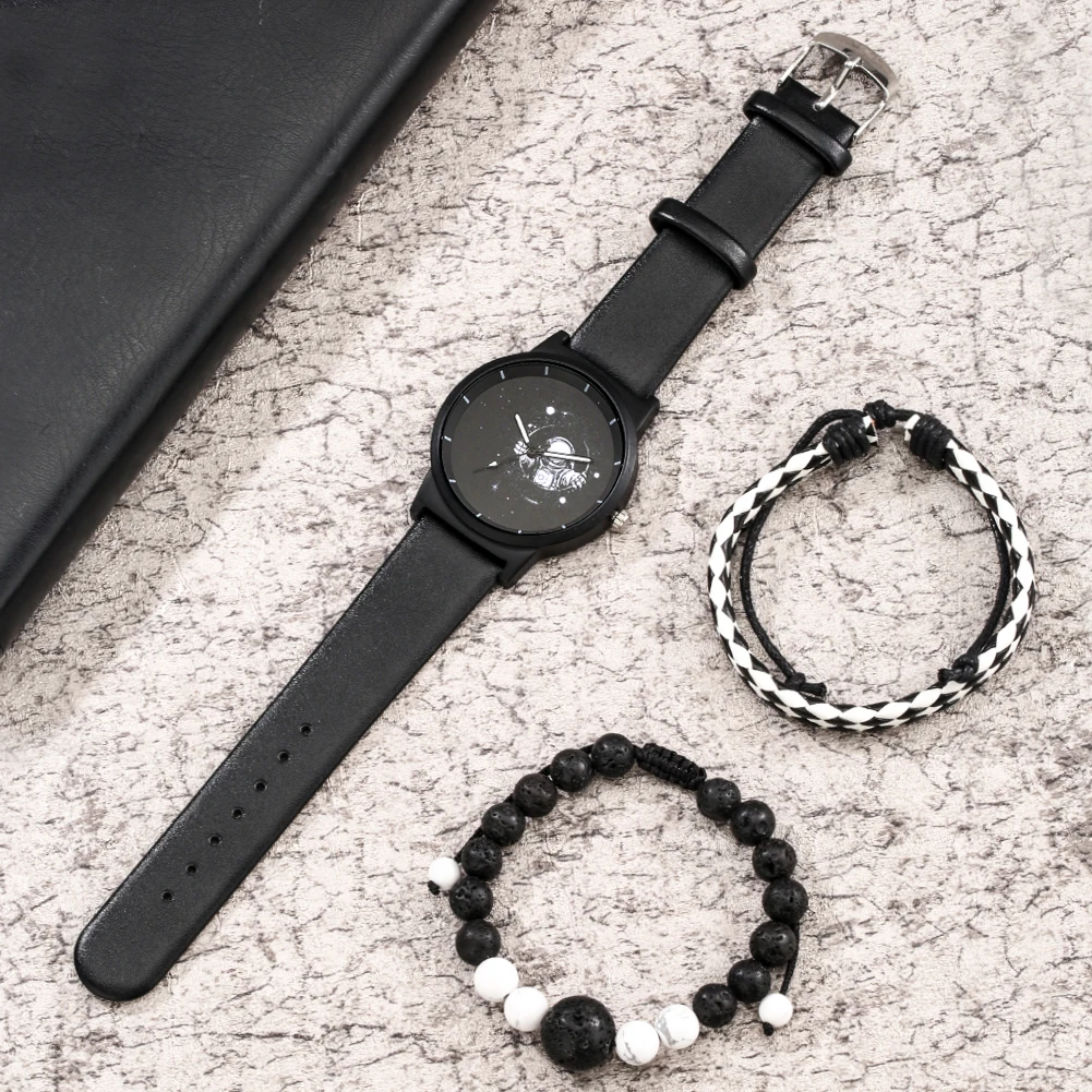 

Fashion Black Quartz Watch 3pcs Men Watch Bracelet Set Business Gift for Men Exquisite Men's Wrist Watch Gift Box Bead Bracelet