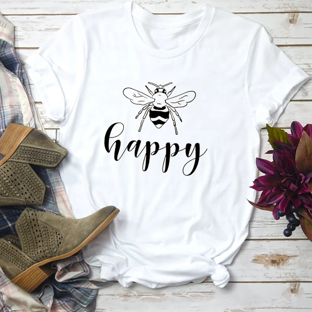 

Bee Happy Save The Bees Women T Shirts Harajuku Aesthetic Female T-shirt Short Sleeve Round Neck Tops Tees H4D6