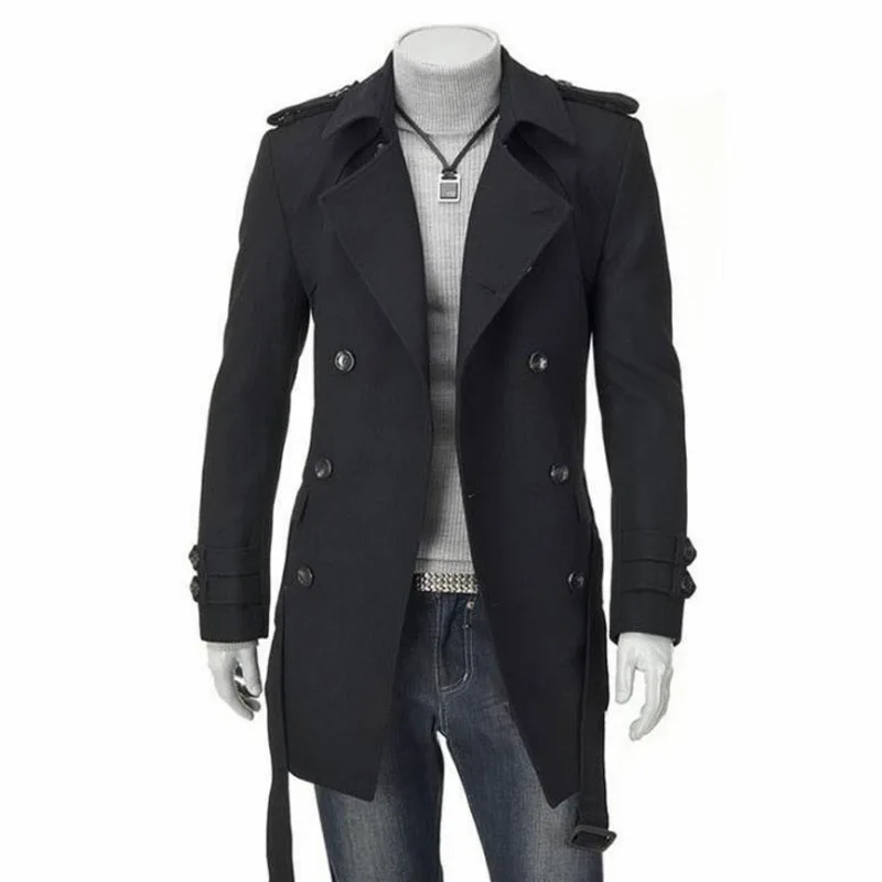 

Solid Trench Coat Men Long Slim Belt Jacket Mens Casual Warm Korean Style Overcoats Double Breasted Windbreaker Male Coats