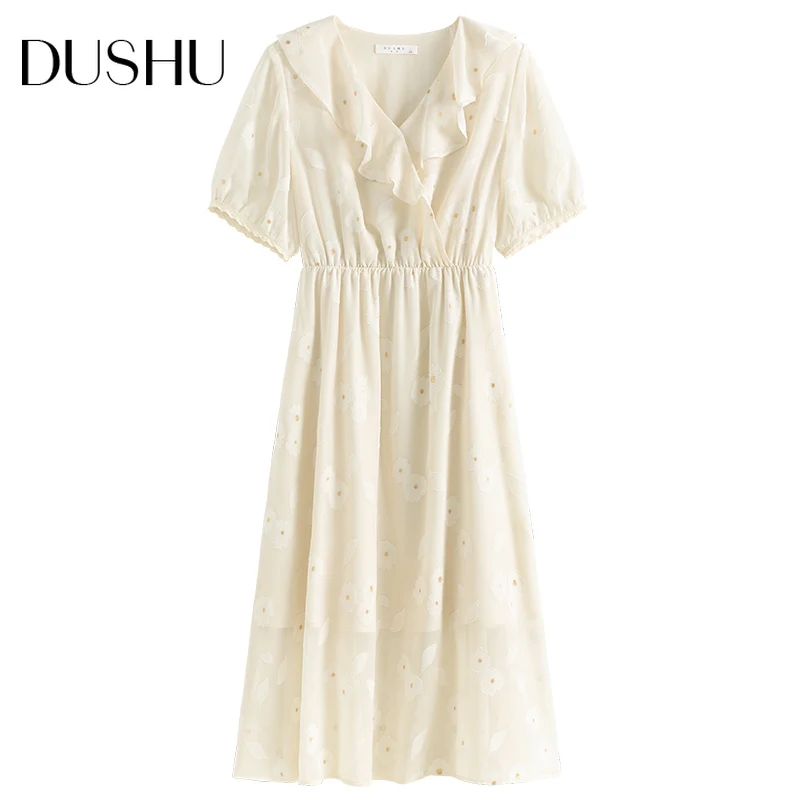 

DUSHU Sexy transparent long chiffon dress Women ruffle white plus size vintage dress Elegant short sleeve summer beach dress