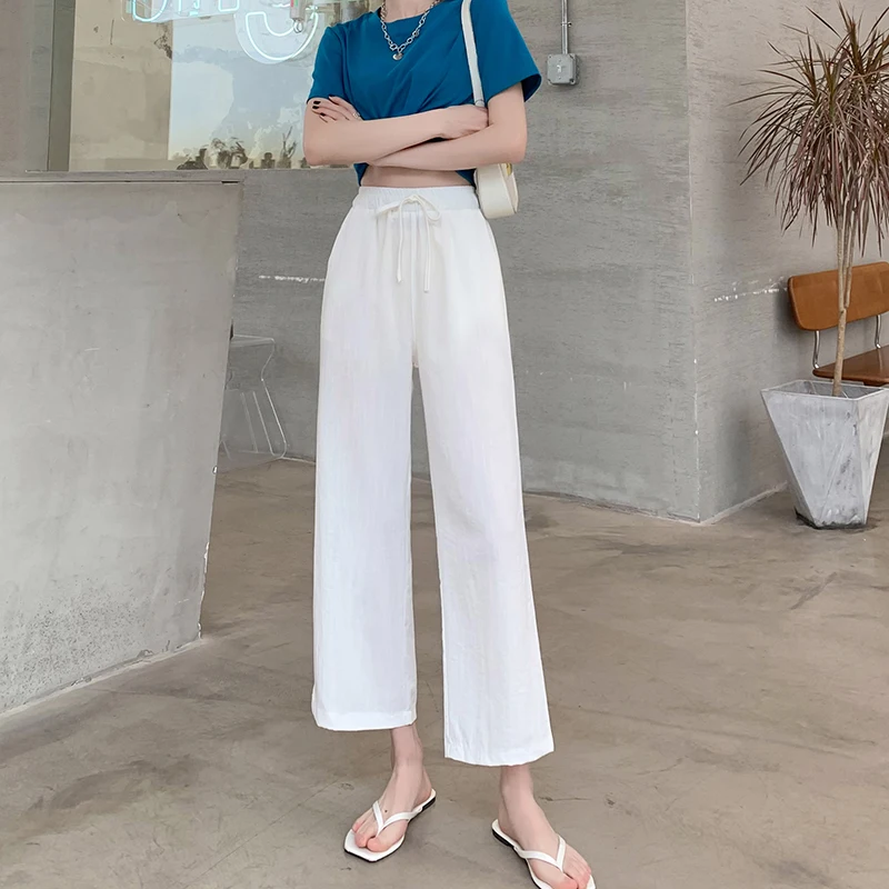 

Women's Trousers Summer Casual White Pant Women Elastic Waist Wide Leg Pants Female Loose Ankle-length Pants Pantalon Mujer