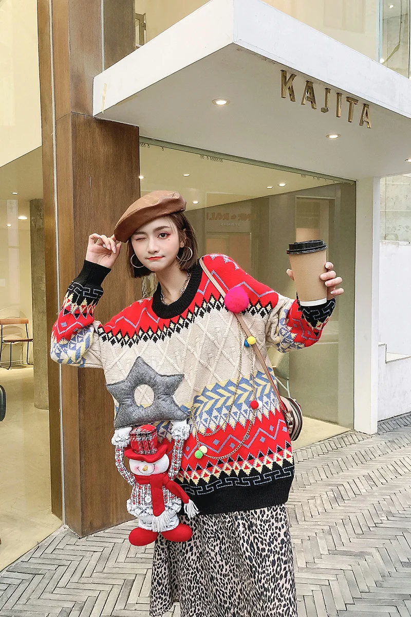

2021 winter new Christmas lazy wind thickened pullover red sweater women loose western style outer wear