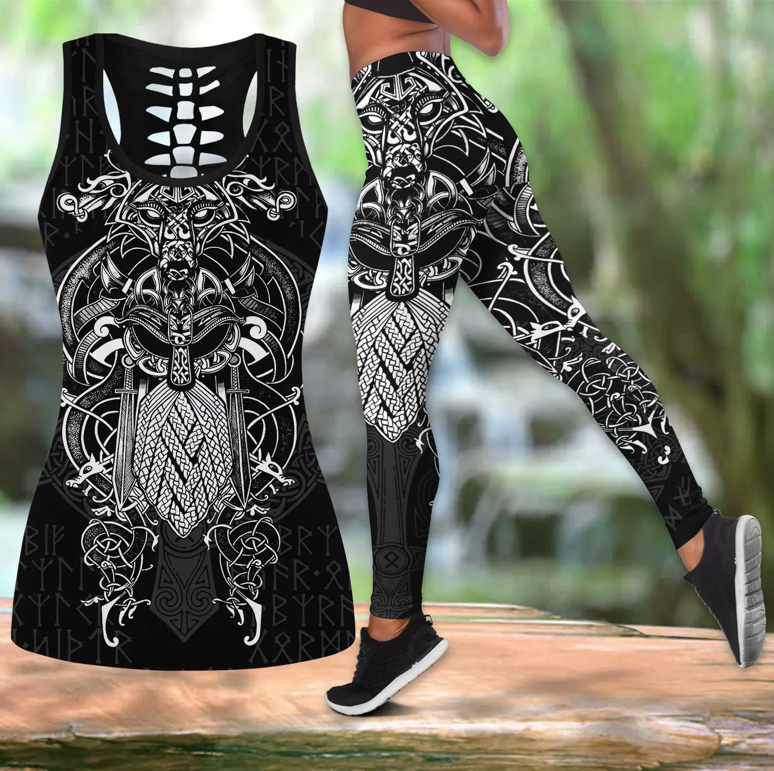 

Viking Odin Tattoo 3D Printed Hollow Tank Top & Leggings Set Fitness Female Full Length Leggings Comfortable Yoga Pants LKB-06