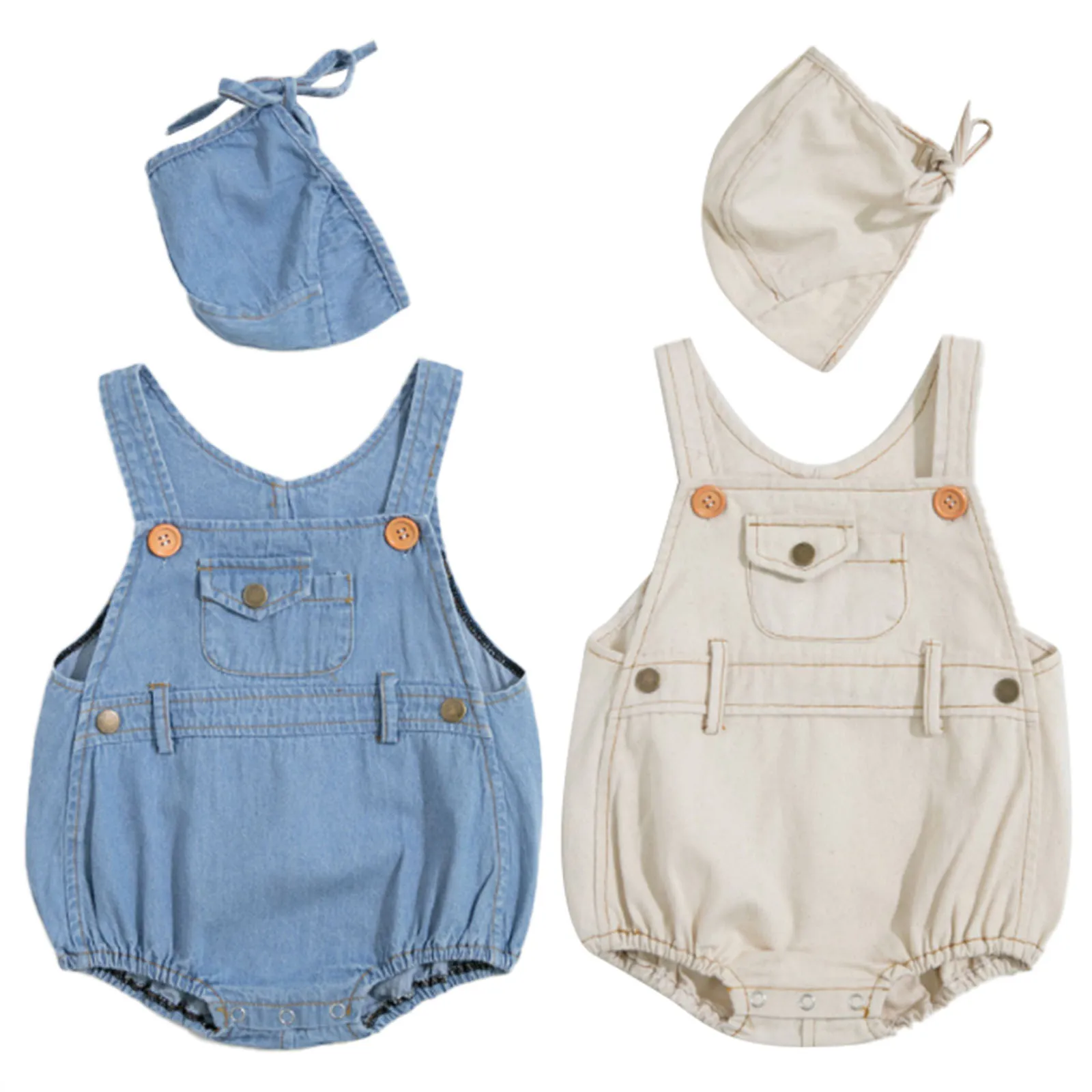 

Infant Baby Boys Girls Casual Outfit Sleeveless Adjustable Buttons Shoulder Straps Pocket Front Denim Jeans Romper with Hat Set