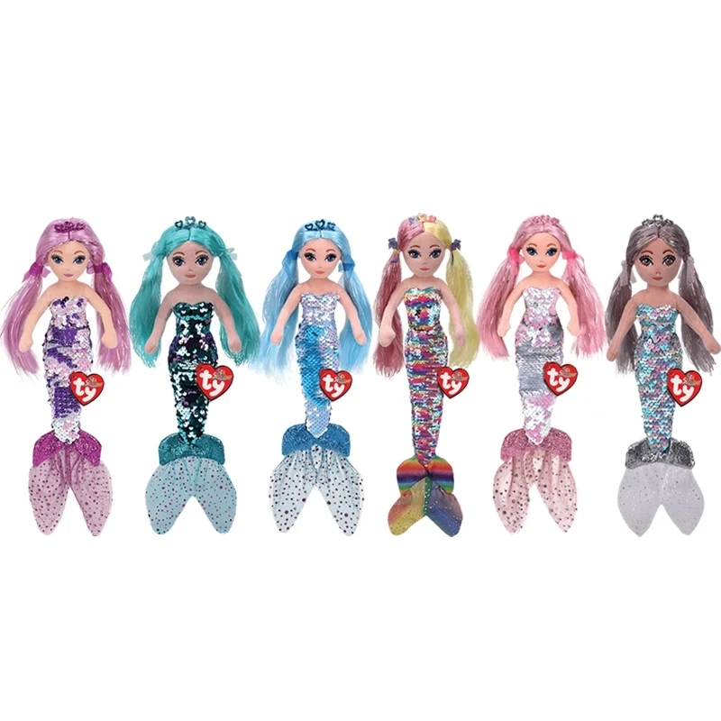 

Плюшевые игрушки Ty, 15 см, с большими глазами, переворачивающиеся, расшитые блестками, Русалка, принцесса, коллекционные игрушки, куклы для де...