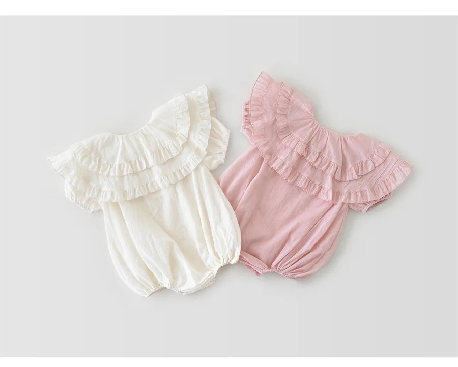 

Summer 2021 New Korean Baby Jumpsuit Large Lapels Infants Short Sleeves Cute Solid Color Romper