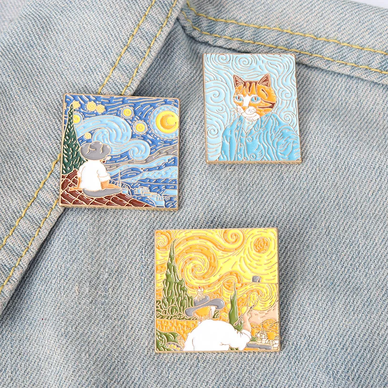 

Cowboy Cat Wheatfield Starry Night Brooch Exquisite Colorful Oil Painting Alloy Brooch Suit Cat Portrait Backpack Badge