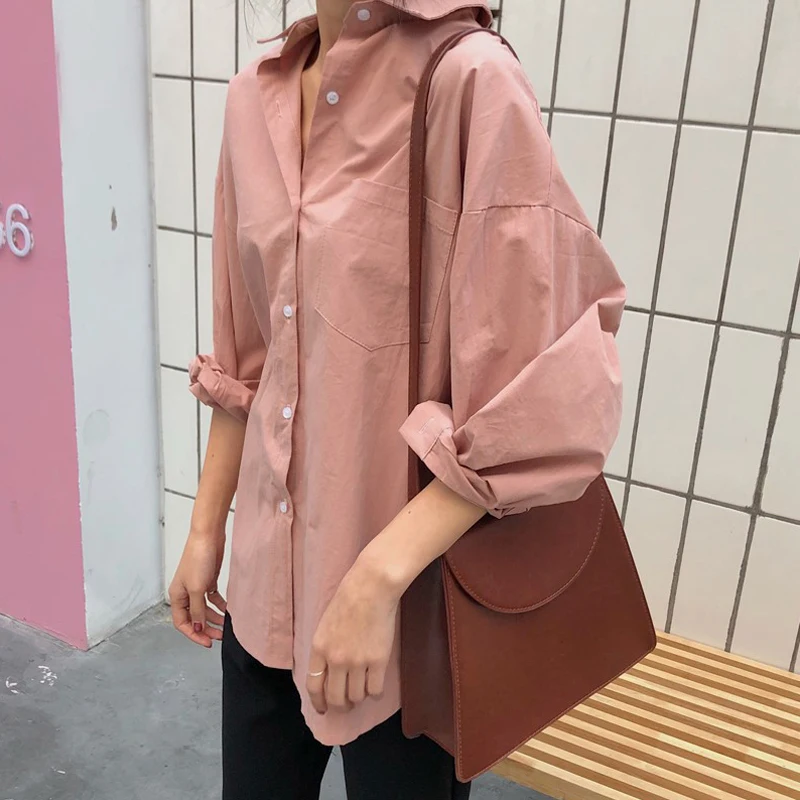 

2021 Spring Summer Women Shirts White Teens Solid Casual Blouses Female Tops Loose BF Korean Style Long Sleeves Blusas Pockets