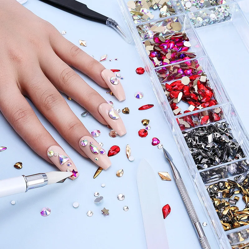 700pc/Box Red/AB Color Nail Rhinestones +1pc Dotting Pen Flatback Crystal Multi Shape Art Decoration Glass Stones | Красота и