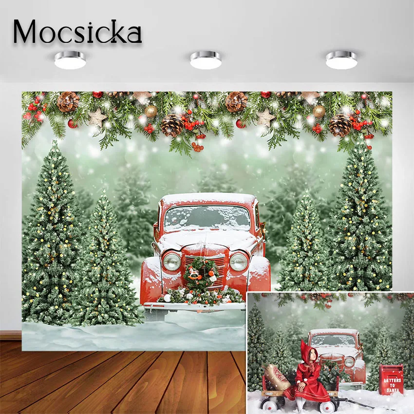 

Mocsicka Christmas Photography Backdrop Xmas Tree Snow Red Car Newborn Baby Portrait Photoshoot Background Photoshoot Photocall