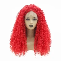 hot red color long afro kinky curly lace wigs heat resistant fiber glueless synthetic lace front wig with baby hair full density