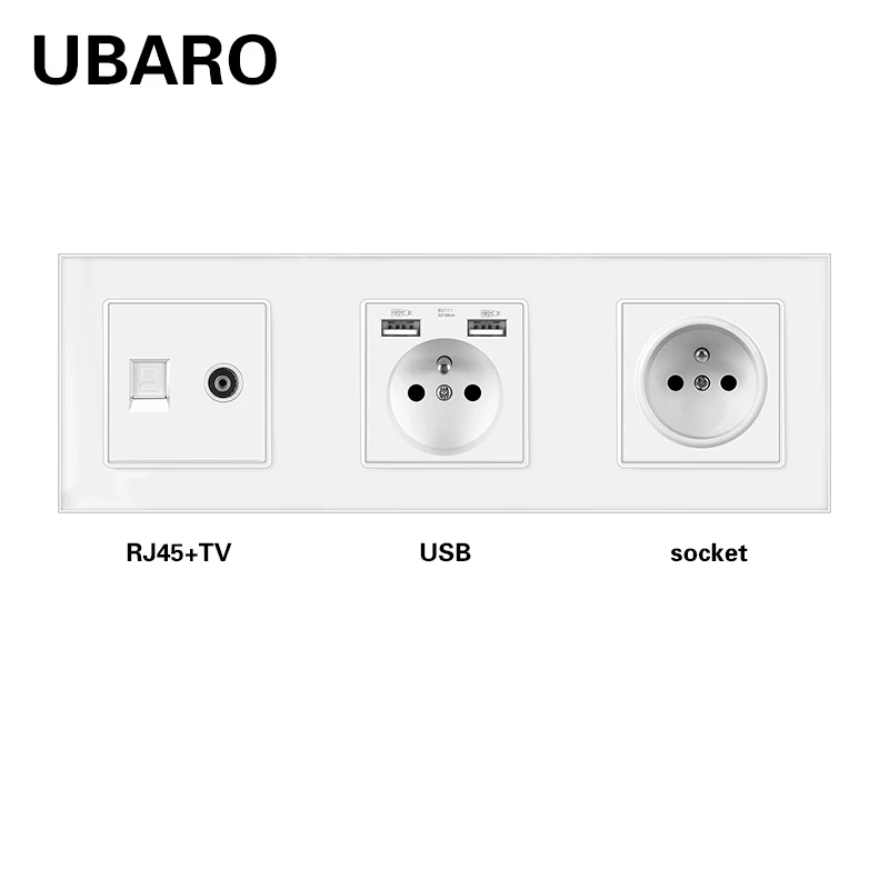 Painel de Vidro Terminais de Sinal de tv Tomada de Parede com Rj45 Ubaro Padrão Francês Temperado Rj11 Tomada Casa Ac100-250v 16a 258*86