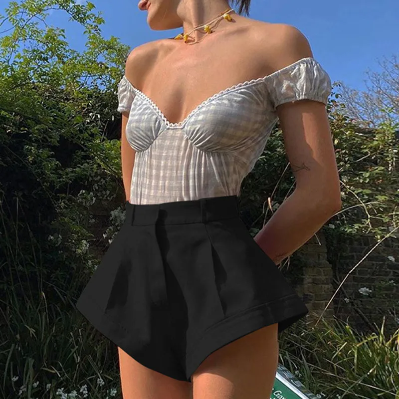 New Rose Red Shorts Women Summer High Waist Elegant Loose Solid Female Office Lady Wide Leg Casual Streetwear Hot Shorts 2021