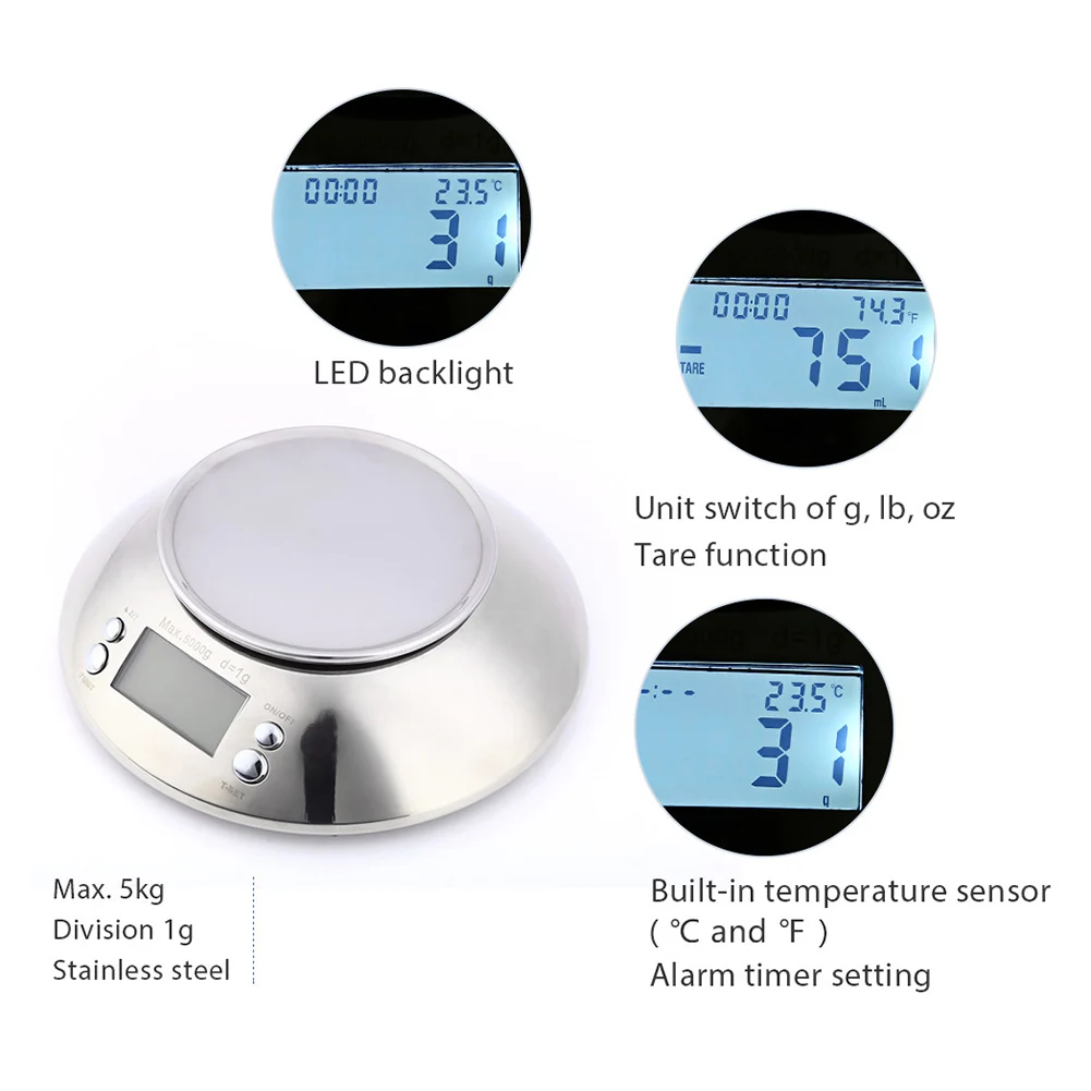 

5kg/1g Food Scale Digital Kitchen Stainless Steel Weighing Multi-function Electronic Scales with Removable Bowl LCD Digital