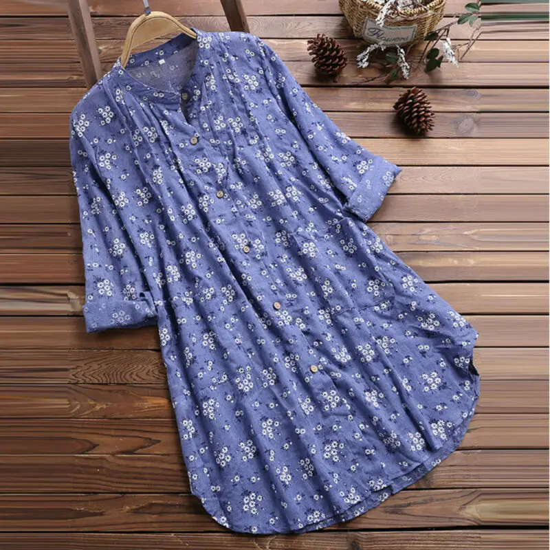 

Autumn Womens Shirts Tops Fashion Long Sleeve Button Pocket Long Shirts V-Neck Floral Print Loose Baggy Shirt 2019 New Plus Size
