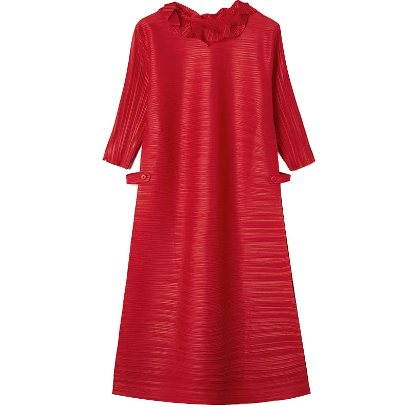 

Lace Round Neck Dress New Spring And Summer Loose OL Pleated Dress