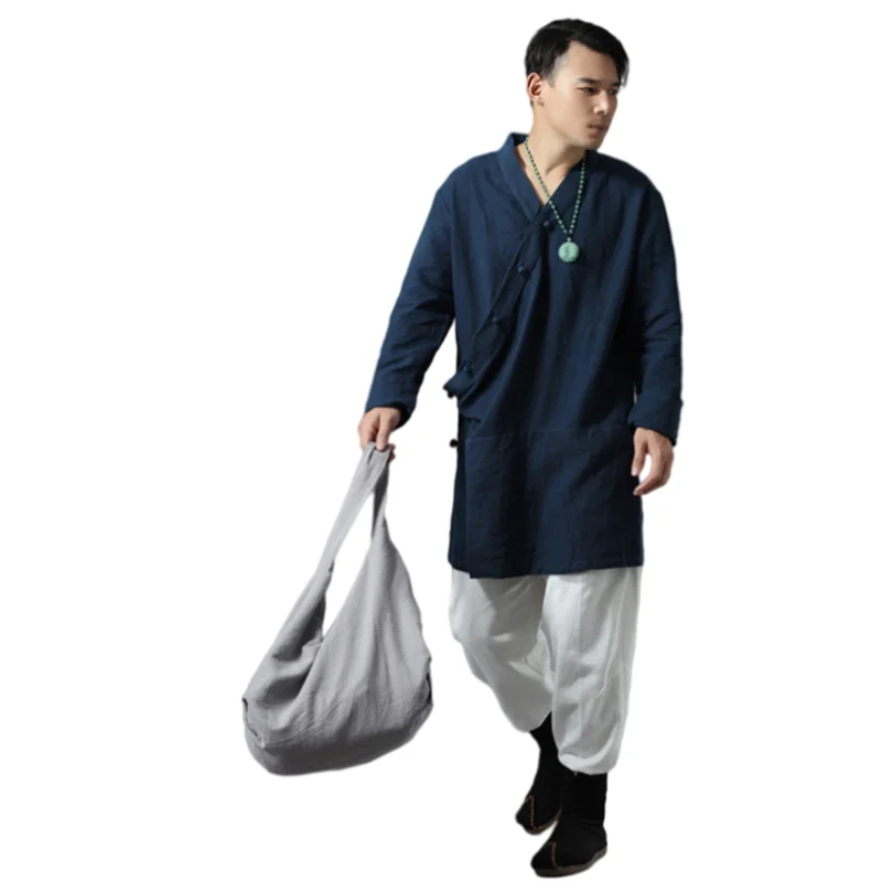 

New Arrival Men's Chinese Tradional Plate Element Slant Opening Hanfu Linen Coat