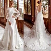 elegant long sleeves lace wedding dress a line o neck backless 2022 wedding gown for bride with train illusion vestido de novia