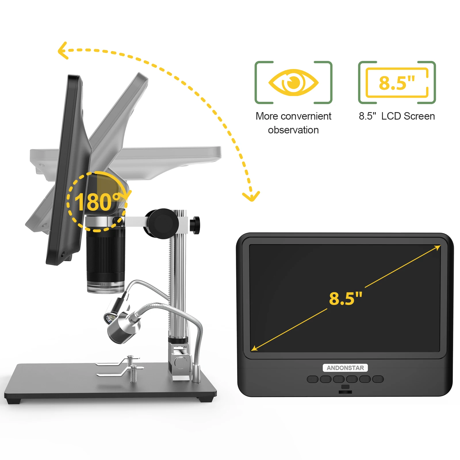 

8.5In Andonstar AD208S LCD Display 5X-1200X Digital Microscope 1280*800 Adjustable 1080P Scope Soldering with Two Fill Lights