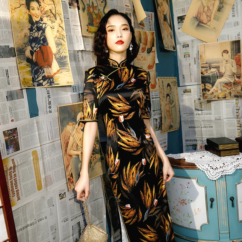 Sheng Coco вискозное платье Чонсам черное шелковое банкетное вечернее с принтом