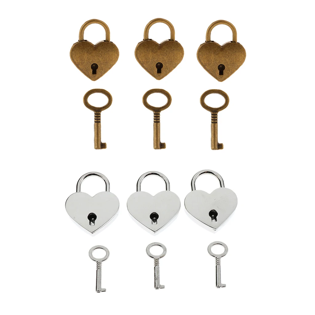 6x Mini навесной замок в форме сердца с 6 клавишами для чемодана серебро и античная