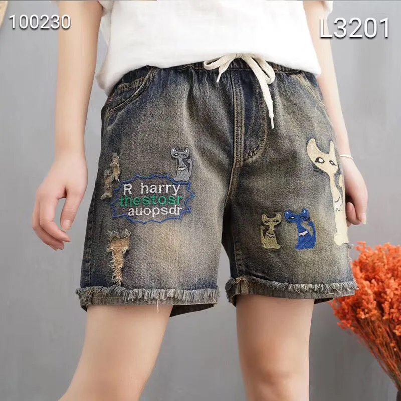 Style 3 QPFJQD дамы мультфильм вышитые джинсовые шорты для женщин отверстия Эластичный Высокая талия хлопок Короткие Джинсы Брюки Feminino тонкие - Цвет: Style 3