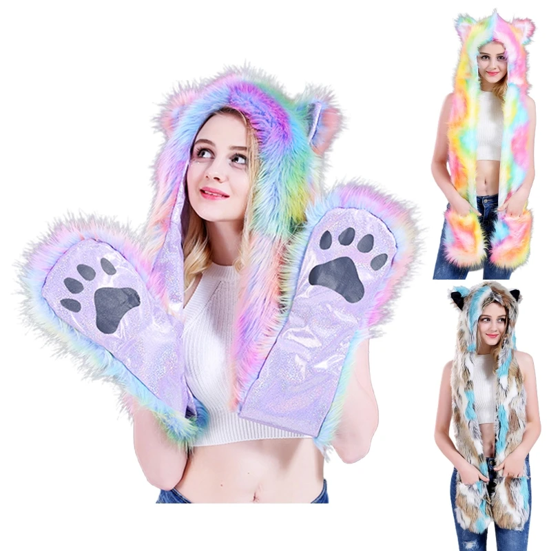 Women 3 In 1 Furry Animal Hat Scarf Gloves Mittens Colorful Plush Hoodie Paws XX9D