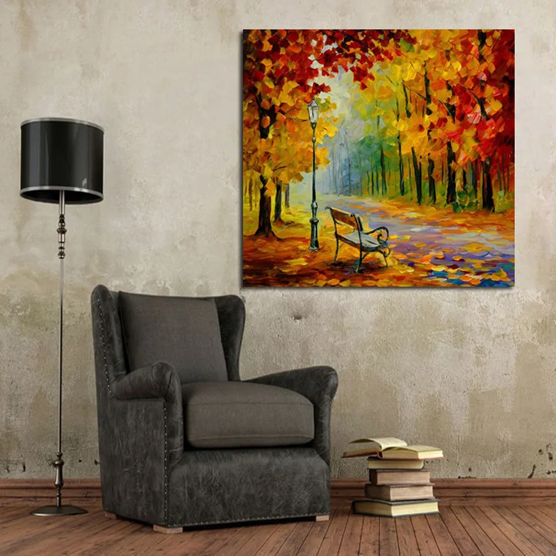 

Big size Handpainted Lover Rain Street Tree Lamp Landscape Oil Painting On Canvas Wall painting Wall Pictures For Living Room