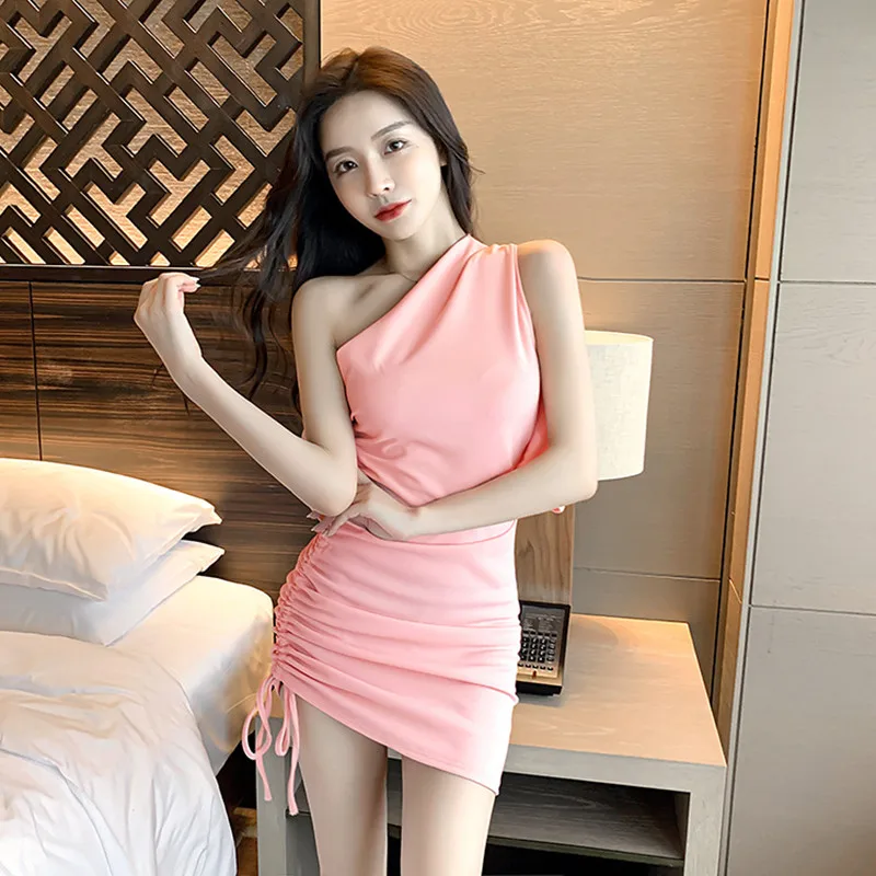 

2021 new fashion ladies slanting shoulder folds temperament sexy slim bag hip short mini dress