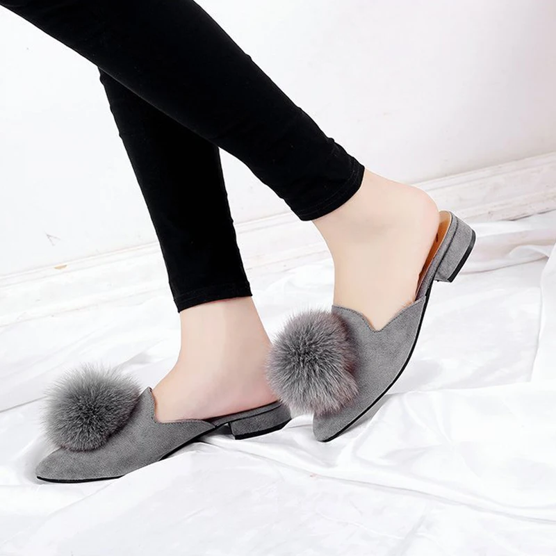 Мюли женские летние Осенние милые меховые шлепанцы квадратные искусственные