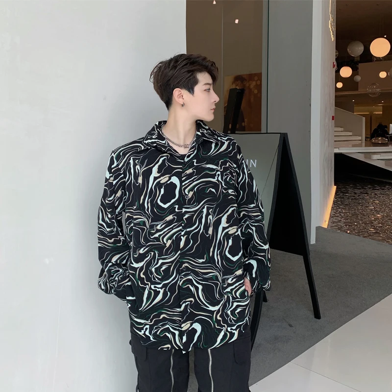 Men's Long-Sleeve Shirt Spring And Autumn New Korean Version Of Japanese Retro Stripe Graffiti Design Loose Large Size Shirt