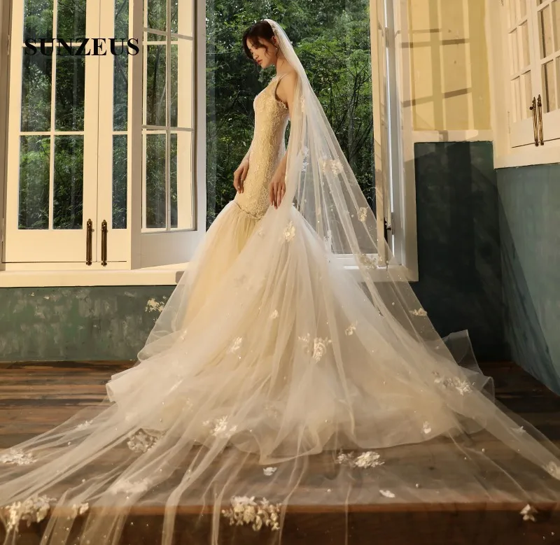 2019 свадебная вуаль 4 метра длинный Блестящий тюль на голову с аппликацией жемчуг