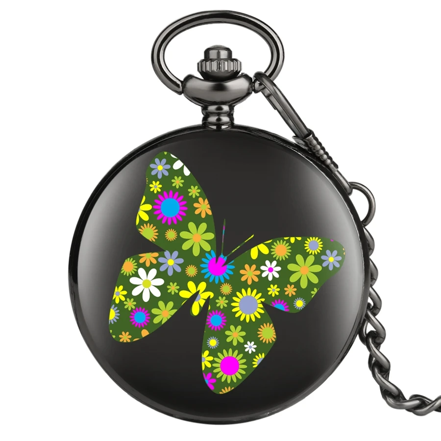 Фото Красивые шикарные кварцевые карманные часы с цветами и бабочками мужские