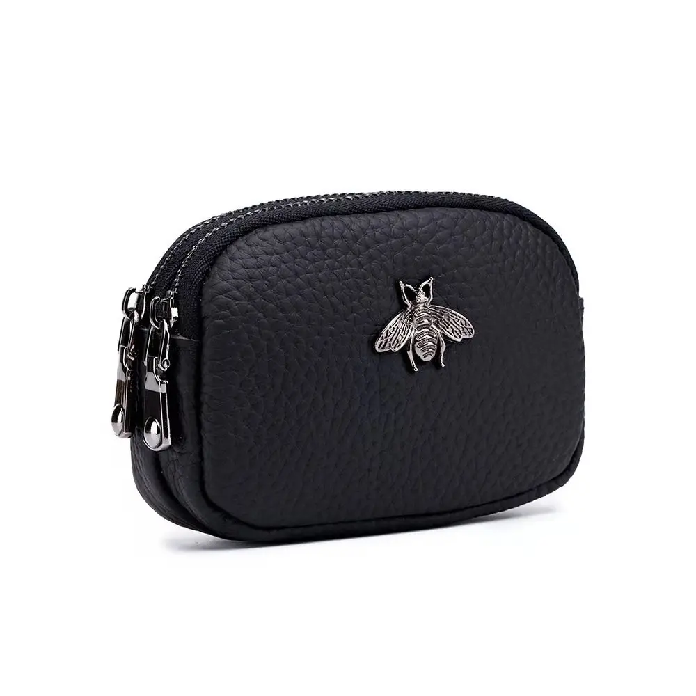 

Woman's Wallet Little Bee Genuine Leather Cute Female Coin Bag Double Zipper fashion elegant Mini Coin Bag Hand Hold Black 557