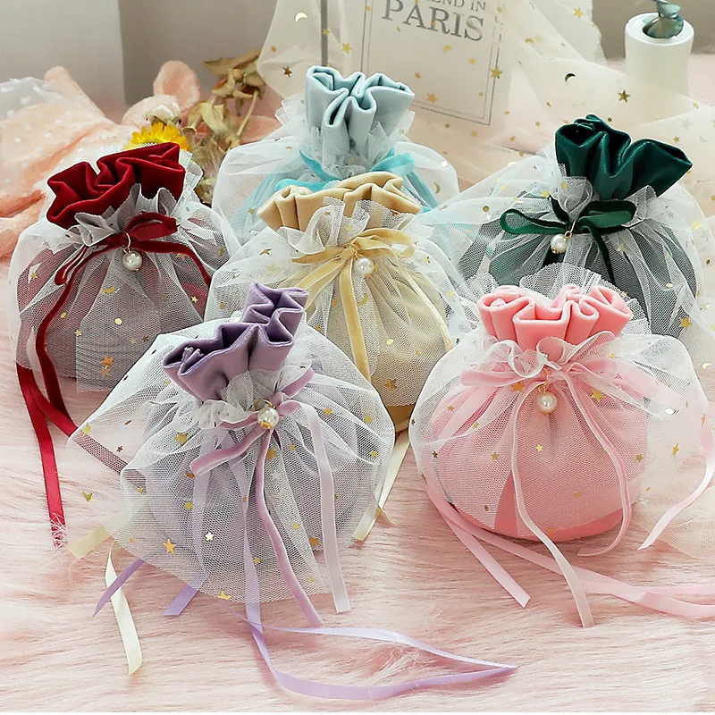 

Custom 4 Styles Velvet Gift Bags With Pearls Gauze Christmas Birthday Party Wedding Candy Bag/Boxes Jewelry Velvet Sachet Bags