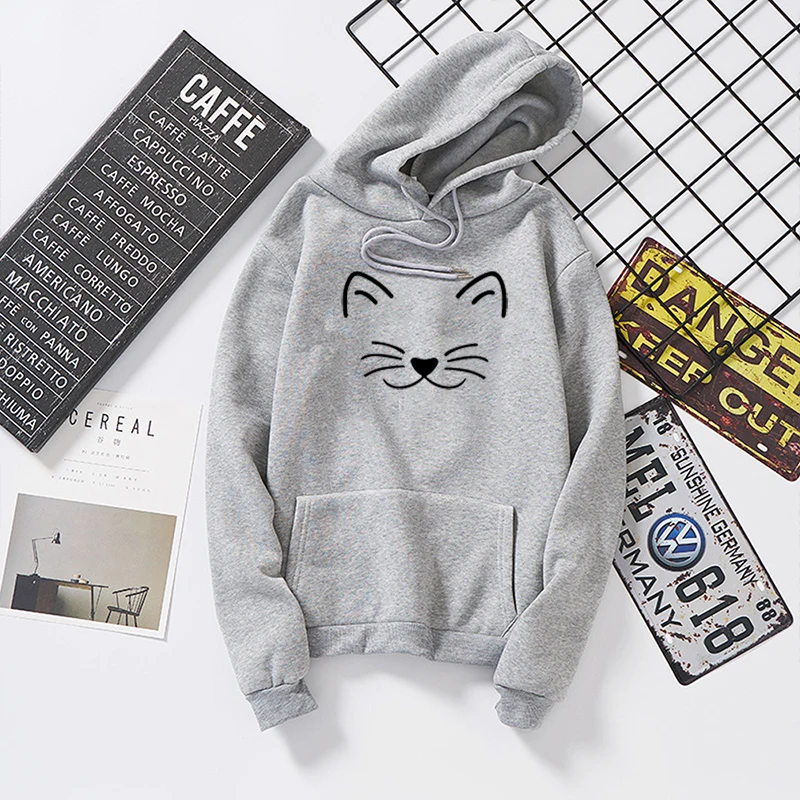 

Women Casual Long Sleeve Short Hooded Sweatshirt Cat Print Pullover Tops Blouse Female Autumn Winter Hoodies Sweatshirts