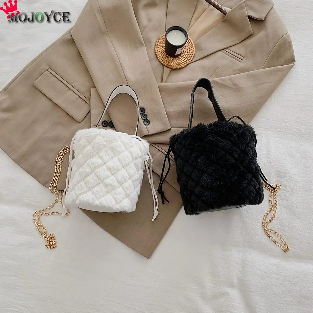 

Fashion Exquisite Shopping Bag Casual Plush Bucket Drawstring Handbag Lady Lattice Print Shoulder Messenger Bag