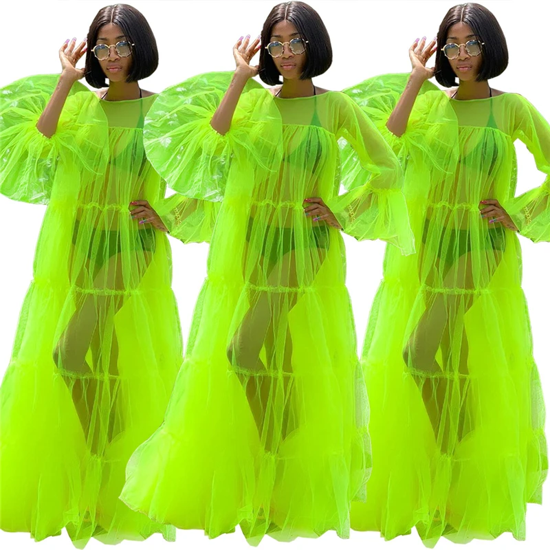 Повседневное ФЛУОРЕСЦЕНТНОЕ зеленое прозрачное Сетчатое платье макси Adogirl с