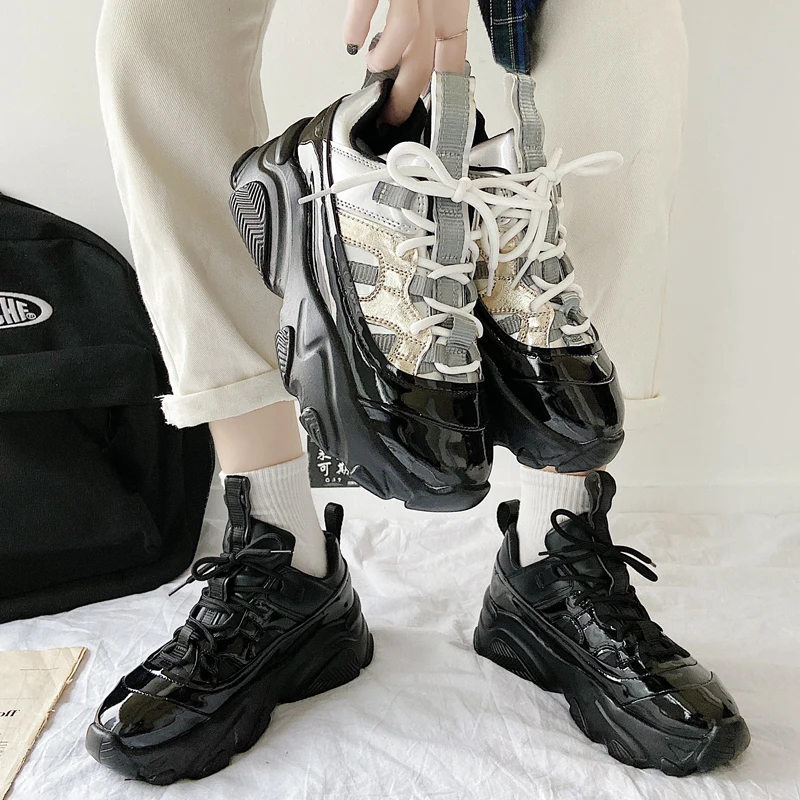 Patent Leather Platform Sneakers Women Casual Shoes Thick Sole Sneakers  Chunky Trainers Women Black Silver Dad Shoes 2020 - купить по выгодной цене  | AliExpress