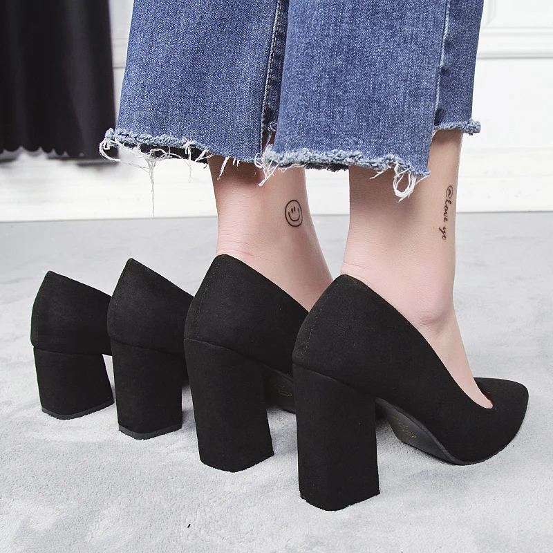 

Black High Heels 2023 New Wild Work Shoe Pointed Shallow Mouth Suede Square Heel Single Shoes Fashion Comfort Womens Shoes Pumps