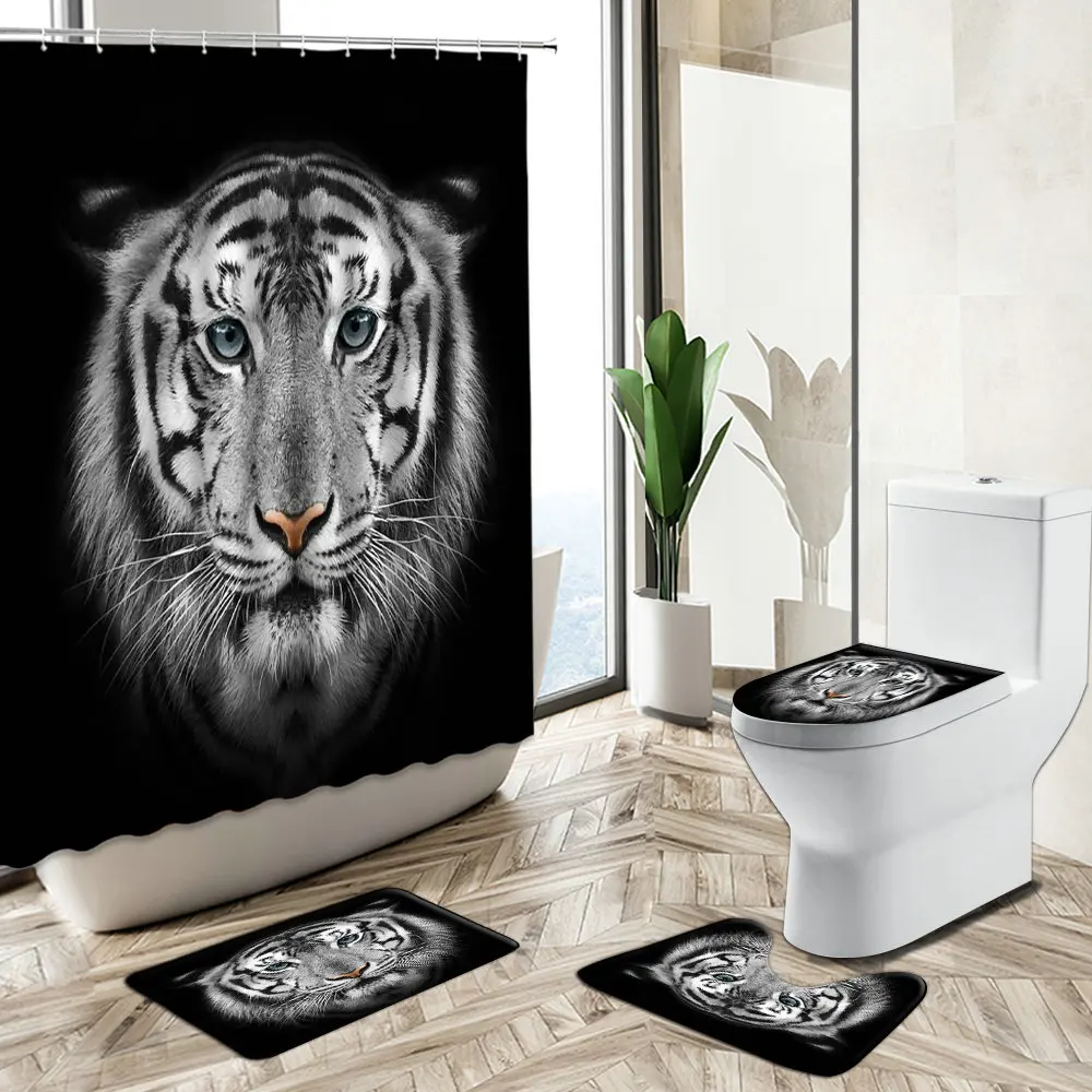 Offerte Tenda Da Doccia Con Stampa Tigre Leone Animale Selvatico Sfondo Nero Design Decorazioni Per Il Bagno Tappeto Antiscivolo Coperchio Per Wc Set Tappetino Da Bagno