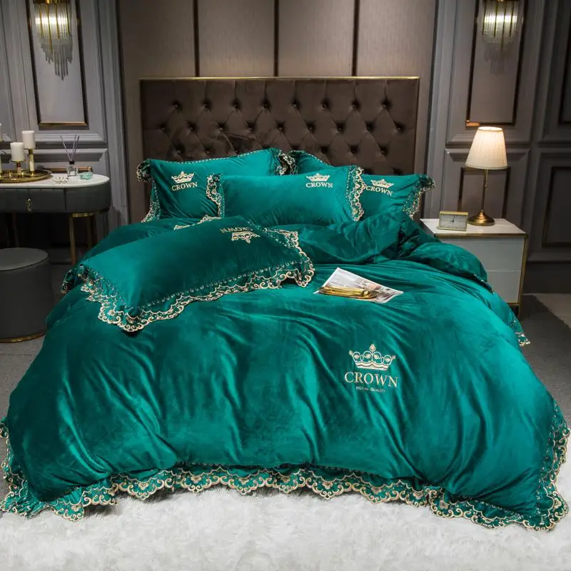 43 Crown Embroidery Winter Velvet Flannel Fleece Lace Bedding set Duvet Cover Bed Linen Fitted Sheet Pillowcases Queen King | Дом и сад