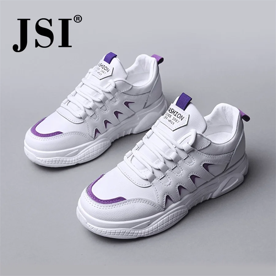 JSI/Новые Модные Женские Кроссовки из Натуральной Кожи Разноцветные Туфли с Круглым Носком Шнурочки Удобные Ботинки Сезон Весна-осень Женские Стильные Белые Кроссовки на Плоской Подошве JO156 - Цвет: White plus purple