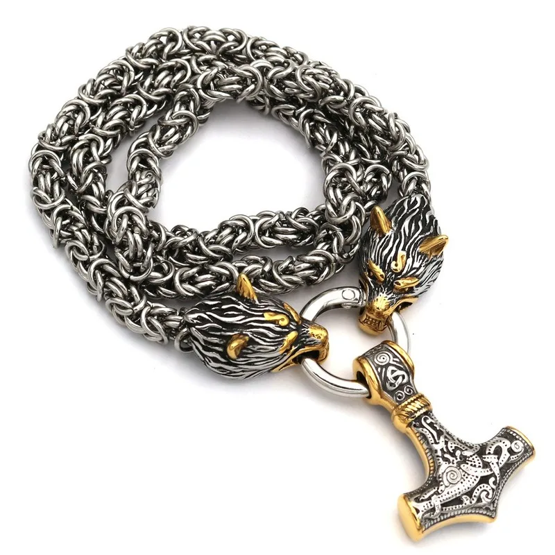 

80cm EDC Self defense Gold Nordic Viking Quake Necklace Men's Wolf Pendant Bracelet Outdoor Stainless Steel Handmade Chain