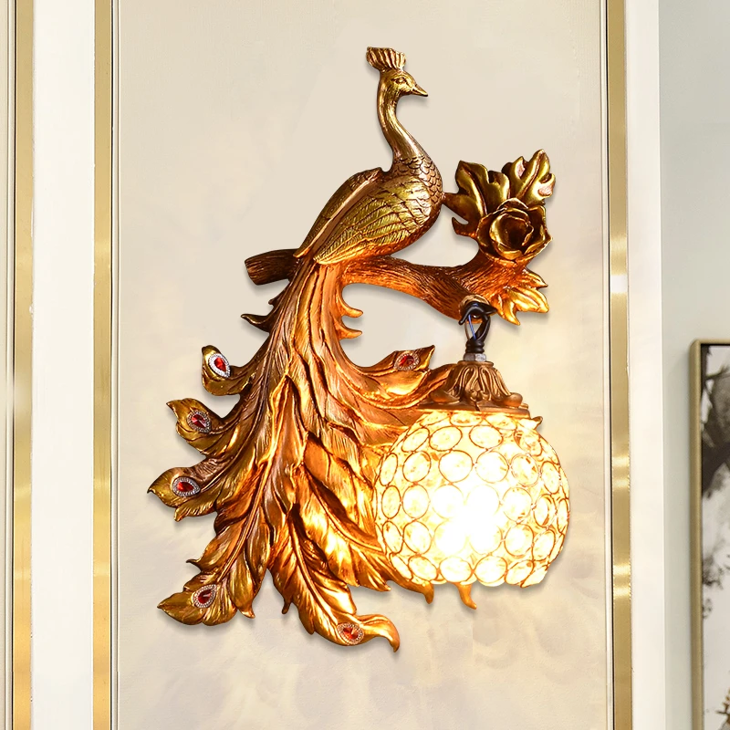 Vintage Art Deco Peacock Resin Wall Lamp Gold Vanity Luxury Bedroom Holiday Decorations for Home Wall Sconce Lamp Mirror Light